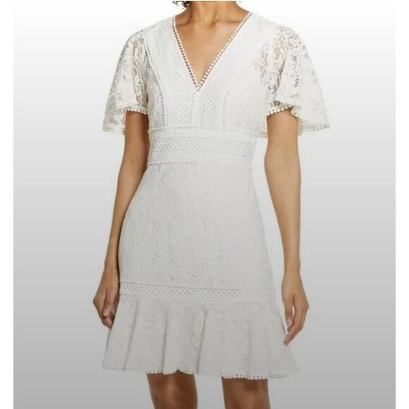 Eliza J Dress Womens 4 White Lace Plunge V Neck Flutter Sleeve Mini Bridal - Picture 1 of 9